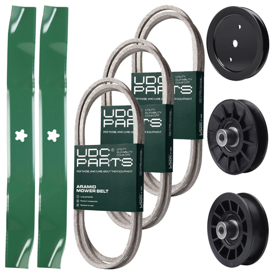 Bulk Lawn Mower Pulleys -  UDC Parts Mower Kit / Belt 194346 + Belt 140218 + Belt 197253 + Pulley 195945 + Pulley 532194326 + Pulley 532194327 + 2 Pack Blades 134149 / Fits Jonsered LT2216A2