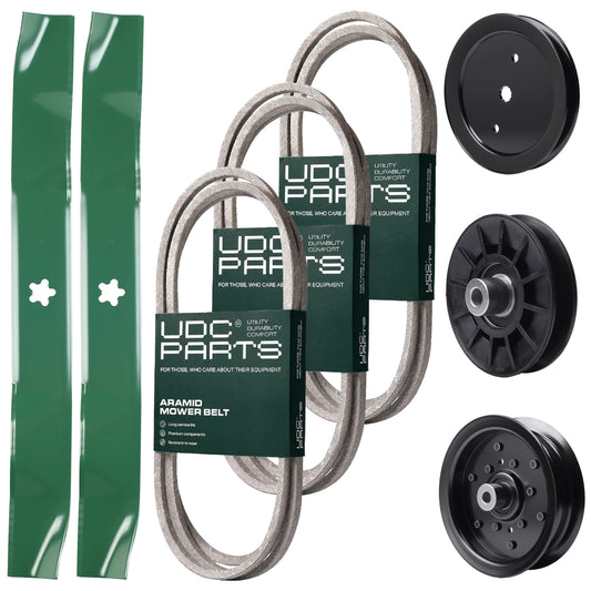 Wholesale Lawn Mower Parts -  UDC Parts Mower Kit / Belt 130969 + Belt 194346 + Belt 197253 + Pulley 195945 + Pulley 532194326 + Pulley 532196106 + 2 Pack Blades 134149 / Fits Jonsered LT2216A2