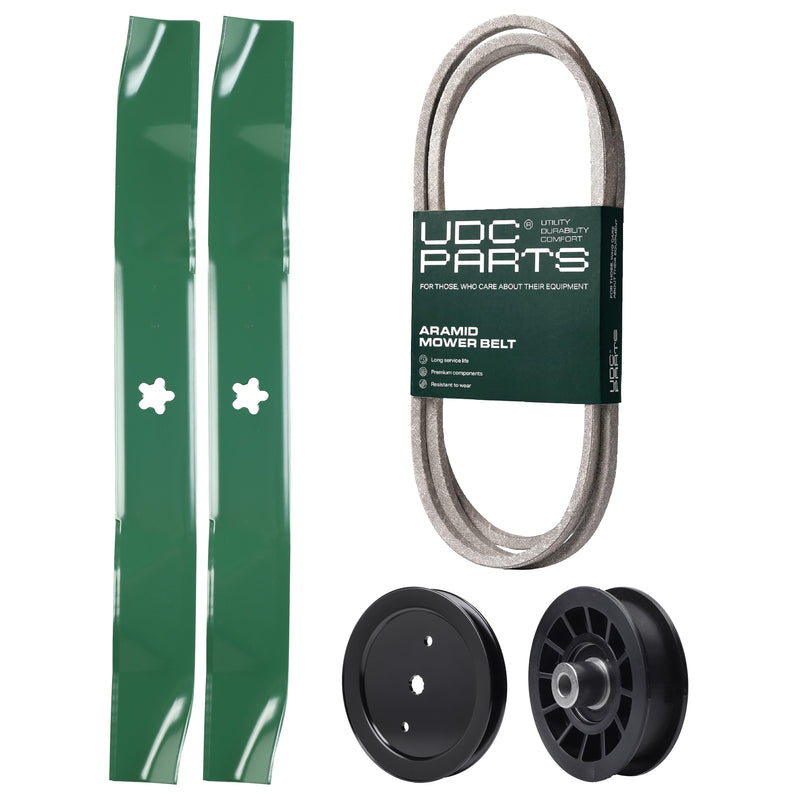  UDC Parts Mower Kit / Belt 197253 + Pulley 195945 + Pulley 532194327 + 2 Pack Blades 134149 / Fits Husqvarna LTH171 YT16542 YT16542T YT1942 YT1942T YTA18542 YTA19K42