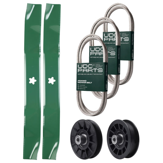 Wholesale Lawn Mower Parts -  UDC Parts Mower Kit / Belt 130969 + Belt 140218 + Belt 197253 + Pulley 532194326 + Pulley 532194327 + 2 Pack Blades 134149 / Fits Poulan Pro PB195H42LT PB20H42YT PB22H42YT
