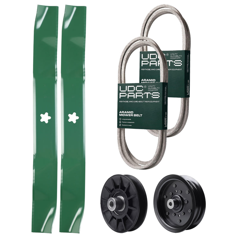  UDC Parts Mower Kit / Belt 130969 + Belt 144959 + Pulley 532194326 + Pulley 532196106 + 2 Pack Blades 134149 / Fits Husqvarna 2042LS LOYTH20F42T LTH171 LTH174 LTH2142 LTH2142D LTH2142DR TS242 TS243
