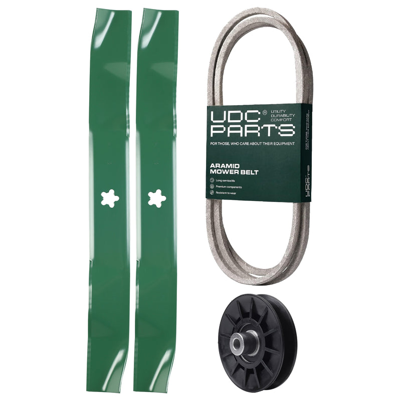  UDC Parts Mower Kit / Belt 140218 + Pulley 532194326 + 2 Pack Blades 134149 / Fits Jonsered LT2216A2 LT2217A LT2218A LT2218A2 LT2223A2