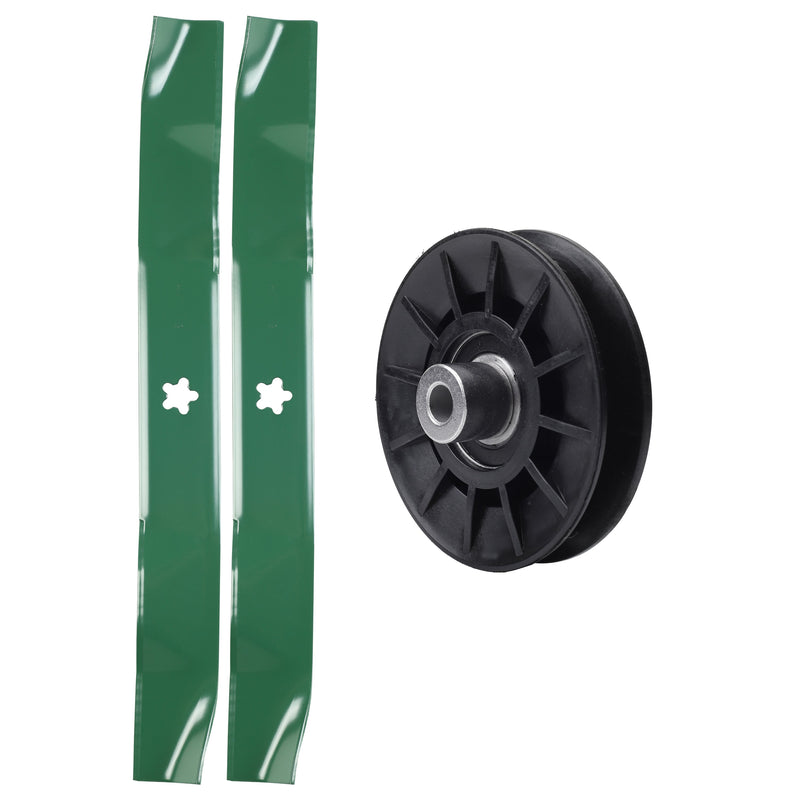  UDC Parts Mower Kit / Pulley 532194326 + 2 Pack Blades 134149 / Fits Poulan C20H42YT PO175A42LT XT195H42LT