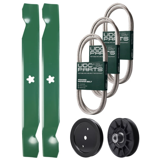 Wholesale Lawn Mower Parts -  UDC Parts Mower Kit / Belt 130969 + Belt 138255 + Belt 140218 + Pulley 195945 + Pulley 532194326 + 2 Pack Blades 138497 / Fits Jonsered LT2217A