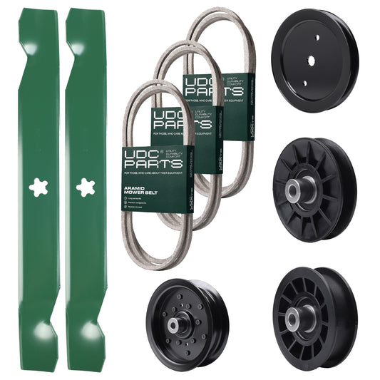 Bulk Lawn Mower Pulleys -  UDC Parts Mower Kit / Belt 130969 + Belt 140218 + Belt 197253 + Pulley 195945 + Pulley 532194326 + Pulley 532196106 + Pulley 532194327 + 2 Pack Blades 138497 / Fits Jonsered LT2216A2 LT2217A