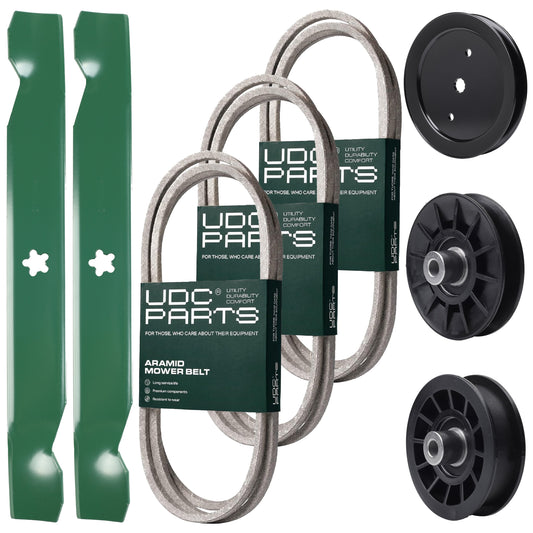 Bulk Lawn Mower Pulleys -  UDC Parts Mower Kit / Belt 194346 + Belt 140218 + Belt 197253 + Pulley 195945 + Pulley 532194326 + Pulley 532194327 + 2 Pack Blades 138497 / Fits Jonsered LT2216A2