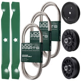 Bulk Lawn Mower Pulleys -  UDC Parts Mower Kit / Belt 194346 + Belt 140218 + Belt 197253 + Pulley 195945 + Pulley 532194326 + Pulley 532194327 + 2 Pack Blades 138497 / Fits Jonsered LT2216A2
