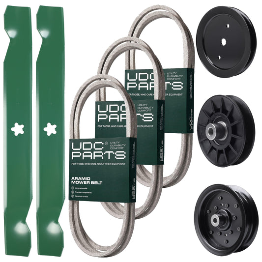 Wholesale Lawn Mower Parts -  UDC Parts Mower Kit / Belt 130969 + Belt 140218 + Belt 197253 + Pulley 195945 + Pulley 532194326 + Pulley 532196106 + 2 Pack Blades 138497 / Fits Jonsered LT2216A2 LT2217A