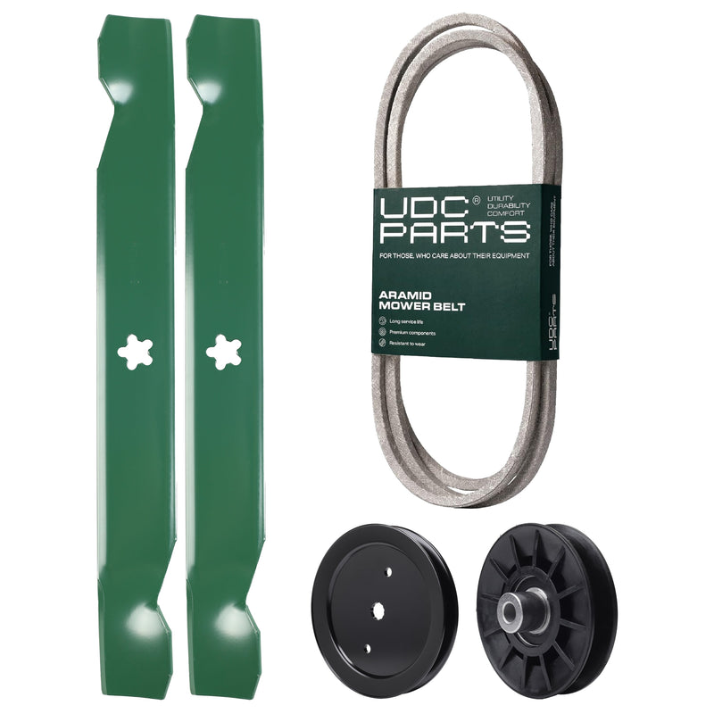  UDC Parts Mower Kit / Belt 197253 + Pulley 195945 + Pulley 532194326 + 2 Pack Blades 138497 / Fits Jonsered LT2216 LT2216A2 LT2217A