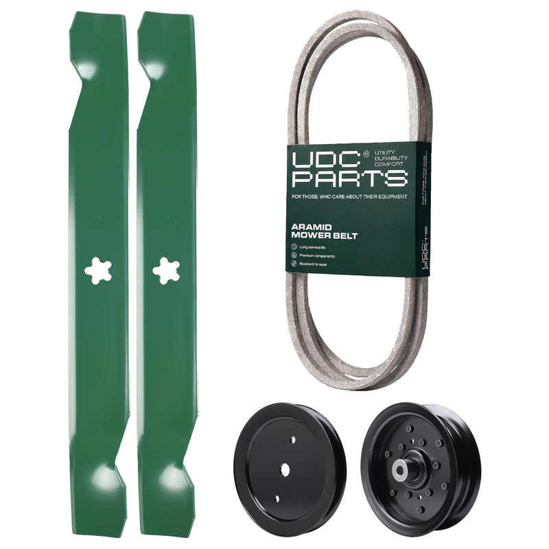  UDC Parts Mower Kit / Belt 197253 + Pulley 195945 + Pulley 532196106 + 2 Pack Blades 138497 / Fits Jonsered LT2216 LT2216A2 LT2217A
