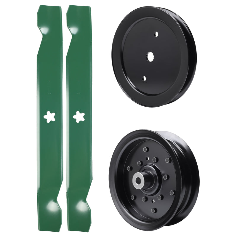 test -  UDC Parts Mower Kit / Pulley 195945 + Pulley 532196106 + 2 Pack Blades 138497 / Fits Jonsered LT2216 LT2216A2 LT2217A