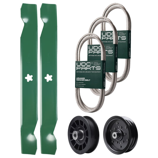 Wholesale Lawn Mower Parts -  UDC Parts Mower Kit / Belt 130969 + Belt 140218 + Belt 197253 + Pulley 532196106 + Pulley 532194327 + 2 Pack Blades 138497 / Fits Jonsered LT2216A2 LT2217A