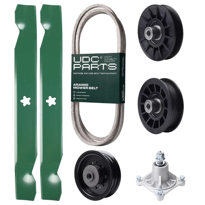 Wholesale Lawn Mower Parts -  UDC Parts Mower Kit / Belt 194346 + Pulley 532194326 + Pulley 532194327 + Pulley 532196104 + Spindle 532174356 + 2 Pack Blades 138497 / Fits Husqvarna LT1597
