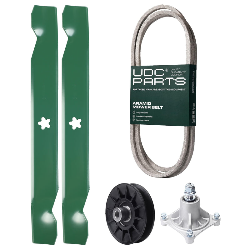 Products -  UDC Parts Mower Kit / Belt 138255 + Pulley 532194326 + Spindle 532174356 + 2 Pack Blades 138497 / Fits Husqvarna LT1597