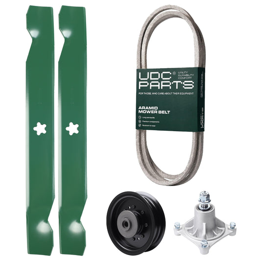 Products -  UDC Parts Mower Kit / Belt 194346 + Pulley 532196104 + Spindle 532174356 + 2 Pack Blades 138497 / Fits Husqvarna LT1597