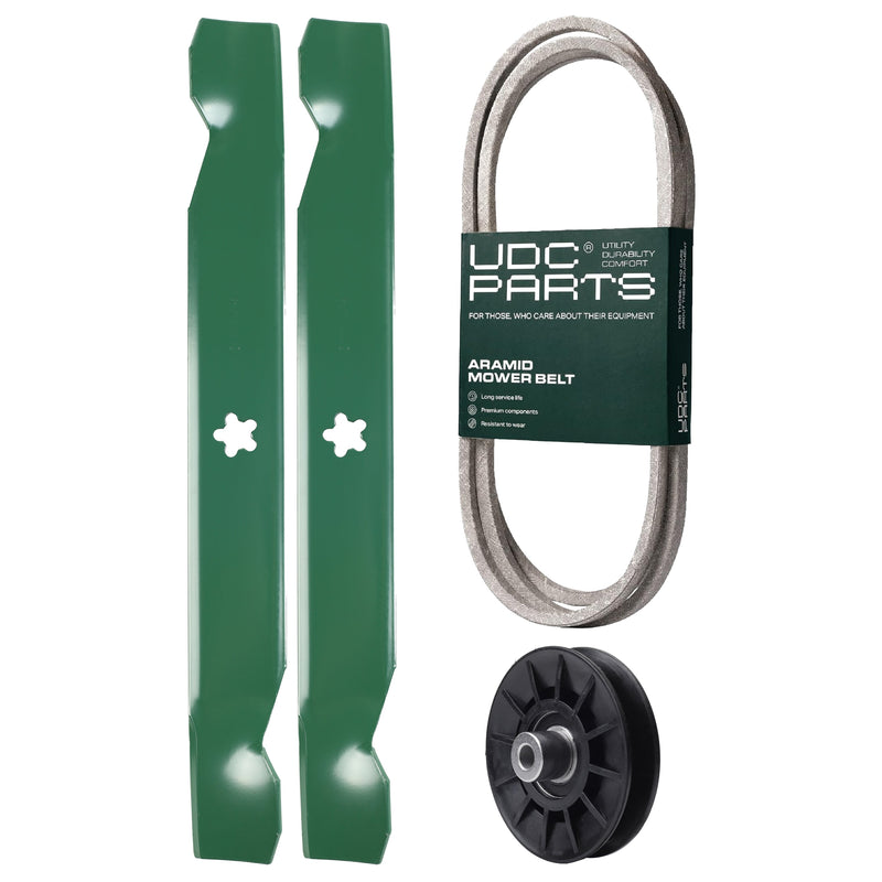  UDC Parts Mower Kit / Belt 140218 + Pulley 532194326 + 2 Pack Blades 138497 / Fits Husqvarna LTH151 LTH1538
