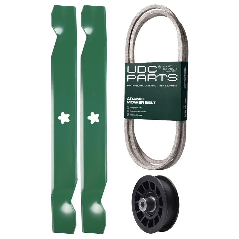  UDC Parts Mower Kit / Belt 140218 + Pulley 532194327 + 2 Pack Blades 138497 / Fits Jonsered LT2216A2 LT2217A