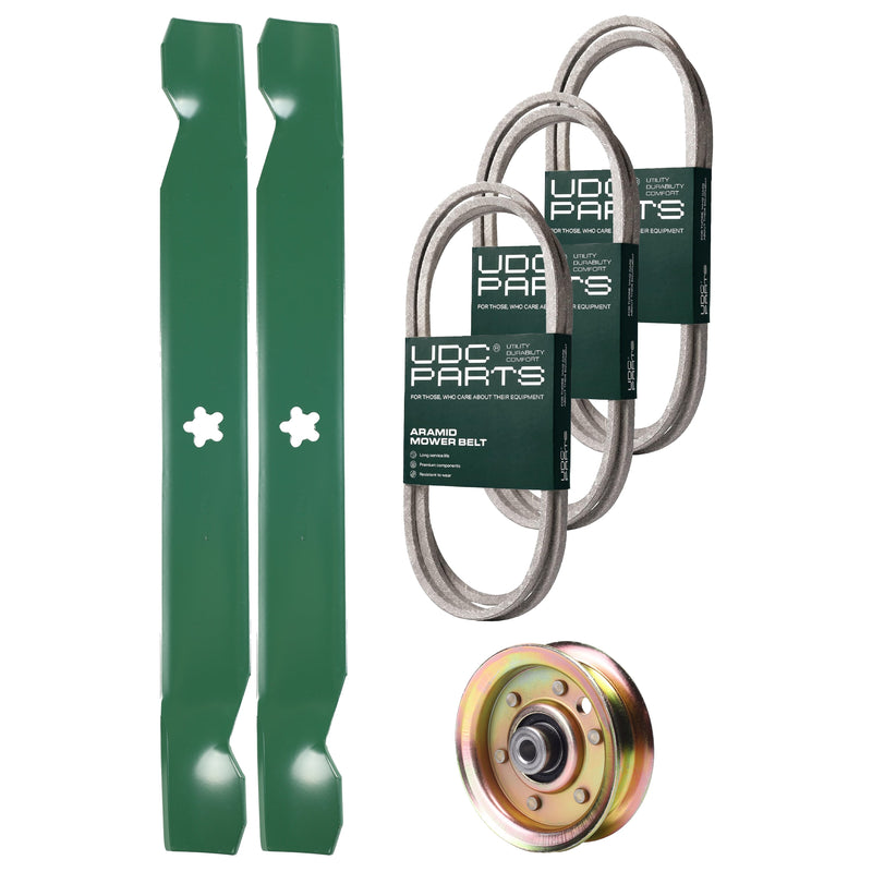 Products -  UDC Parts Mower Kit / Belt 140294 + Belt 144959 + Belt 174883 + Pulley 173437 + 2 Pack Blades 138971 / Fits Jonsered LT16A LT18A