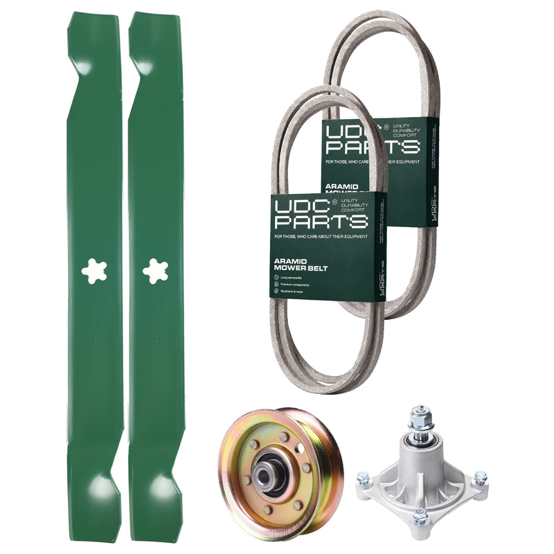  UDC Parts Mower Kit / Belt 144959 + Belt 174883 + Pulley 173437 + Spindle 532174356 + 2 Pack Blades 138971 / Fits Husqvarna LTH1542