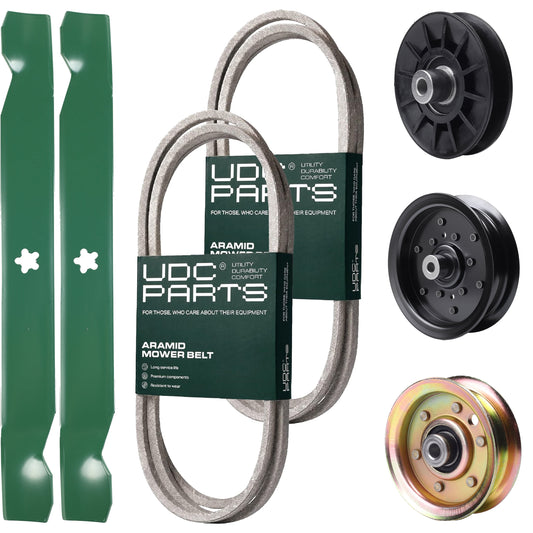 Products -  UDC Parts Mower Kit / Belt 140218 + Belt 144959 + Pulley 532194326 + Pulley 532196106 + Pulley 173437 + 2 Pack Blades 138971 / Fits Husqvarna YTH2042 XP