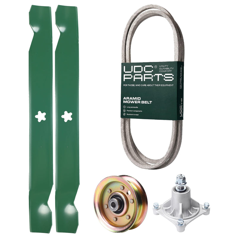 Products -  UDC Parts Mower Kit / Belt 174368 + Pulley 173437 + Spindle 532174356 + 2 Pack Blades 138971 / Fits Jonsered LT2122A2