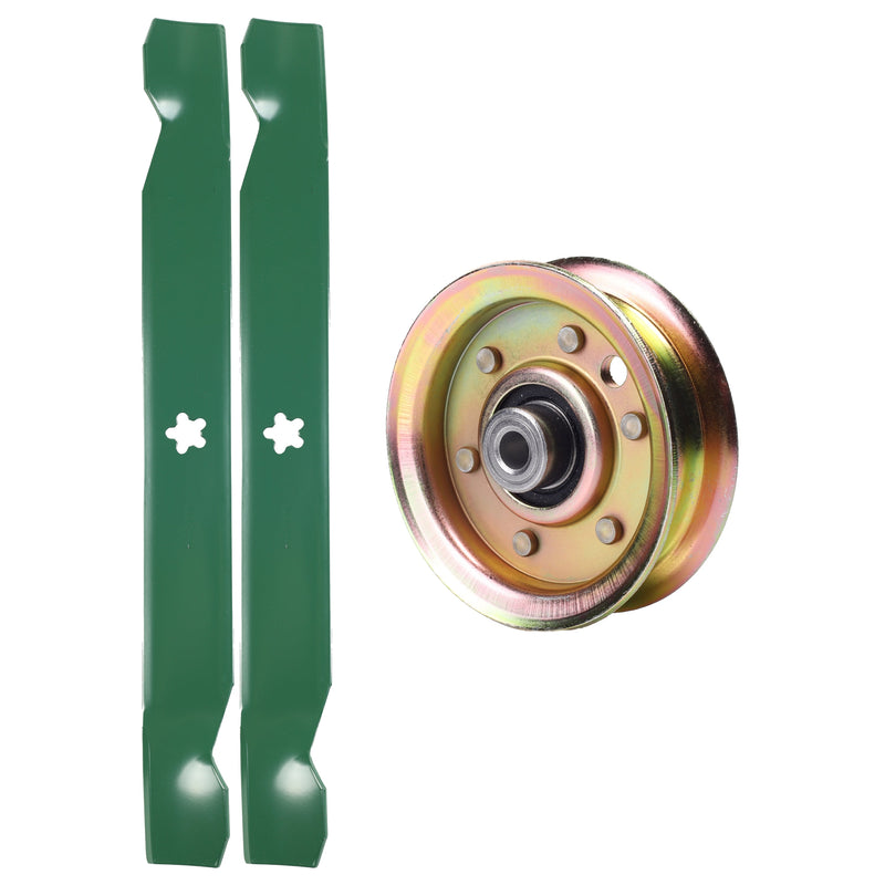  UDC Parts Mower Kit / Pulley 173437 + 2 Pack Blades 138971 / Fits Poulan Pro BB18542LT BB185H42LT BB185H42YT BB24H42YT CN1842STA CO1842STA CO18542STA CO18542STB CO18542STC CO185H42STA CO185H42STB
