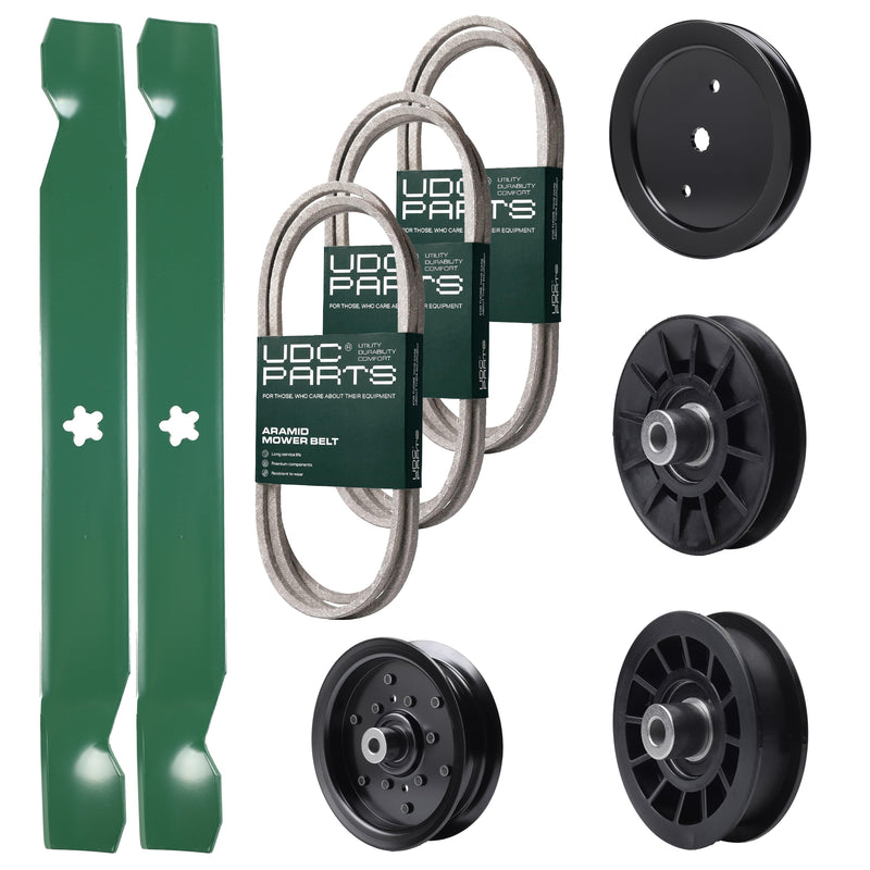 Bulk Lawn Mower Pulleys -  UDC Parts Mower Kit / Belt 130969 + Belt 140218 + Belt 197253 + Pulley 195945 + Pulley 532194326 + Pulley 532196106 + Pulley 532194327 + 2 Pack Blades 138971 / Fits Husqvarna LTH171