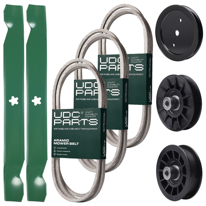 Bulk Lawn Mower Pulleys -  UDC Parts Mower Kit / Belt 194346 + Belt 140218 + Belt 197253 + Pulley 195945 + Pulley 532194326 + Pulley 532194327 + 2 Pack Blades 138971 / Fits Jonsered LT2216A2