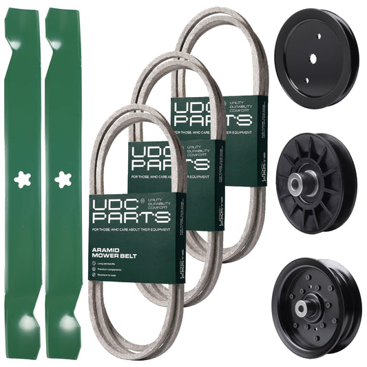 Wholesale Lawn Mower Parts -  UDC Parts Mower Kit / Belt 130969 + Belt 140218 + Belt 197253 + Pulley 195945 + Pulley 532194326 + Pulley 532196106 + 2 Pack Blades 138971 / Fits Jonsered LT2216A2 LT2217A LT2223A2