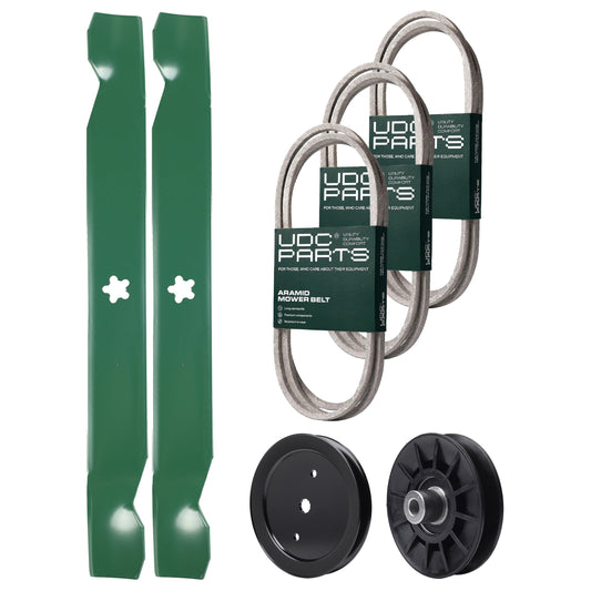 Wholesale Lawn Mower Parts -  UDC Parts Mower Kit / Belt 130969 + Belt 138255 + Belt 140218 + Pulley 195945 + Pulley 532194326 + 2 Pack Blades 138971 / Fits Jonsered LT2217A