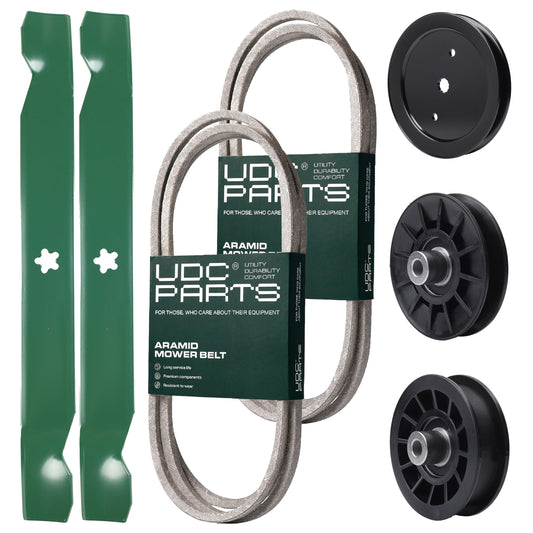 Wholesale Lawn Mower Parts -  UDC Parts Mower Kit / Belt 130969 + Belt 140218 + Pulley 195945 + Pulley 532194326 + Pulley 532194327 + 2 Pack Blades 138971 / Fits Jonsered LT2216A2 LT2217A