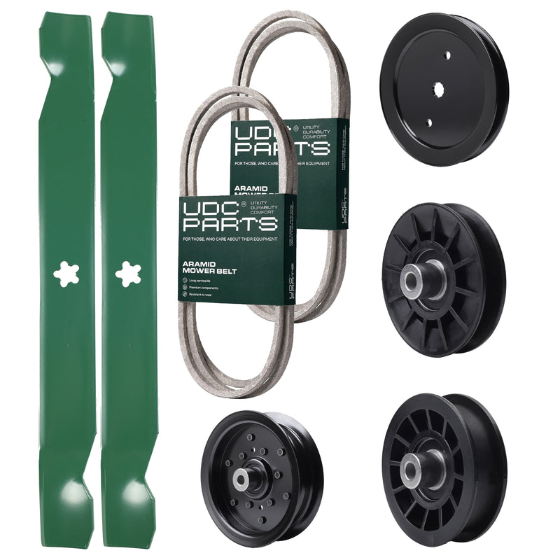 Bulk Lawn Mower Pulleys -  UDC Parts Mower Kit / Belt 138255 + Belt 140218 + Pulley 195945 + Pulley 532194326 + Pulley 532196106 + Pulley 532194327 + 2 Pack Blades 138971 / Fits Jonsered LT2217A