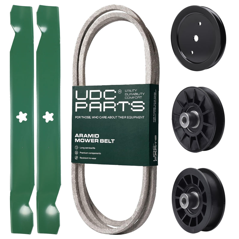  UDC Parts Mower Kit / Belt 140218 + Pulley 195945 + Pulley 532194326 + Pulley 532194327 + 2 Pack Blades 138971 / Fits Statesman SO20H42YT