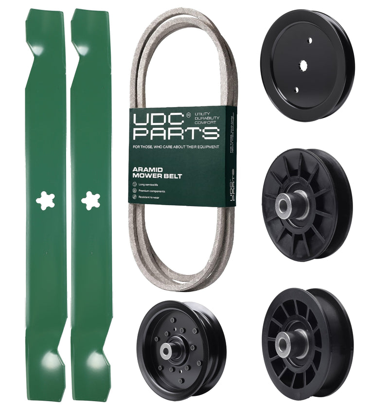 Wholesale Lawn Mower Parts -  UDC Parts Mower Kit / Belt 140218 + Pulley 195945 + Pulley 532194326 + Pulley 532196106 + Pulley 532194327 + 2 Pack Blades 138971 / Fits Husqvarna LTH171