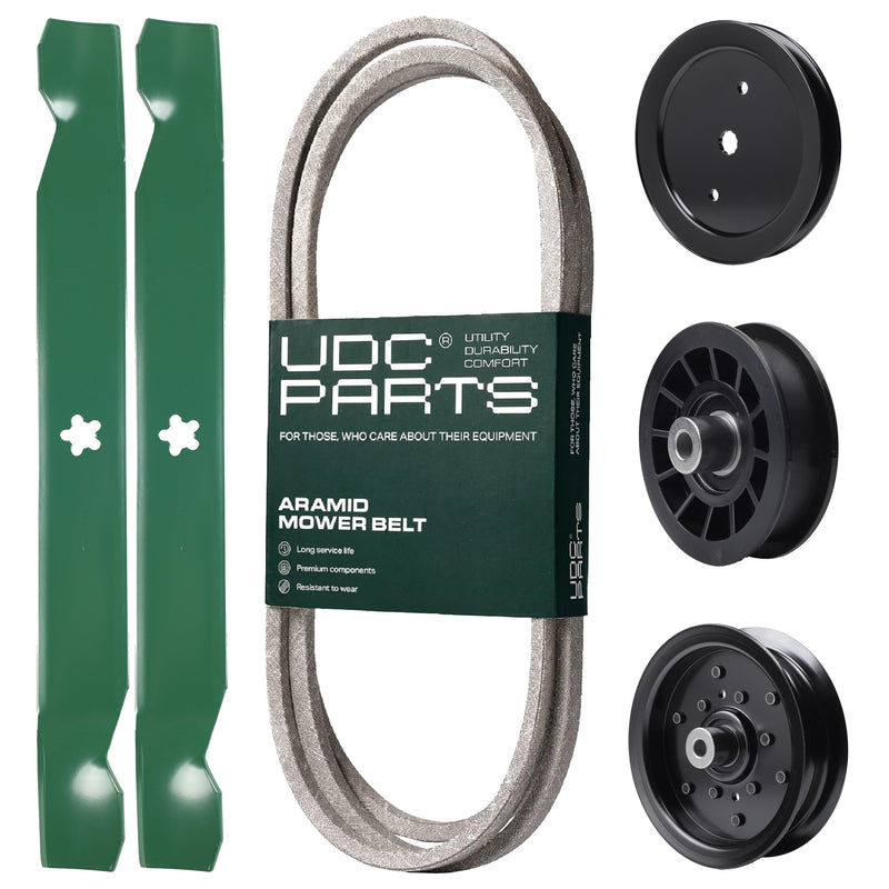  UDC Parts Mower Kit / Belt 405143 + Pulley 195945 + Pulley 532196106 + Pulley 532194327 + 2 Pack Blades 138971 / Fits Husqvarna YTH22V42