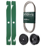  UDC Parts Mower Kit / Belt 197253 + Pulley 195945 + Pulley 532196106 + 2 Pack Blades 138971 / Fits Husqvarna LTH171 YT16542 YT16542T YT1942 YT1942T YTA18542 YTA19K42