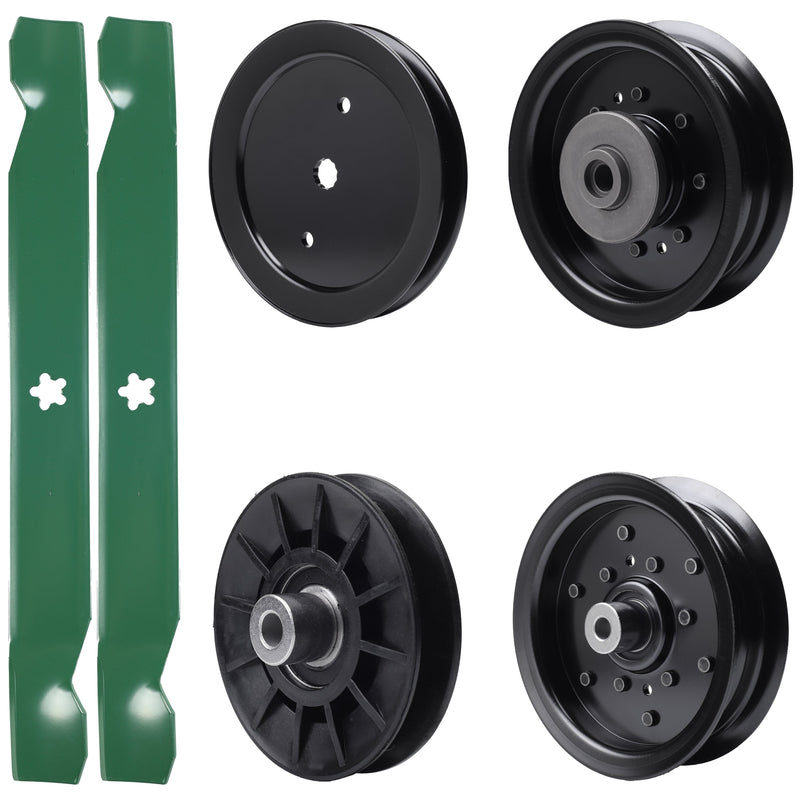  UDC Parts Mower Kit / Pulley 195945 + Pulley 532194326 + Pulley 532196104 + Pulley 532196106 + 2 Pack Blades 138971 / Fits Husqvarna YTH23V42