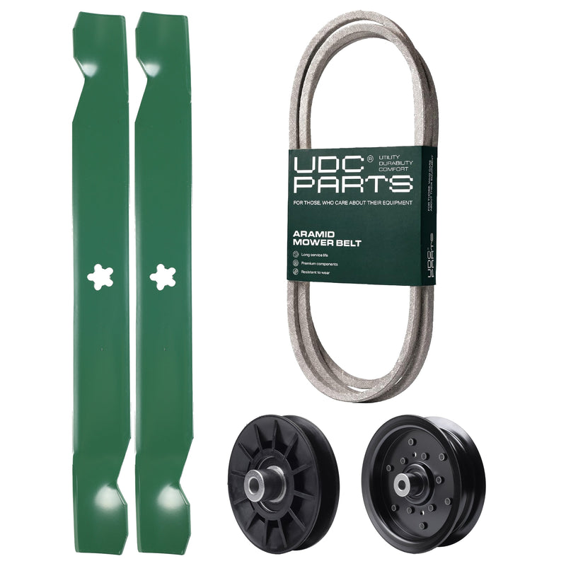  UDC Parts Mower Kit / Belt 197253 + Pulley 532194326 + Pulley 532196106 + 2 Pack Blades 138971 / Fits Poulan Pro PB175A42LT PB175A46 PB185A42 PB195A46LT PB195H42LT PB195H42LTX PB19H42YT PB20A42LT