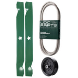 UDC Parts Mower Kit / Belt 197253 + Pulley 532196106 + 2 Pack Blades 138971 / Fits Husqvarna LTH171 YT16542 YT16542T YT1942 YT1942T YTA18542 YTA19K42