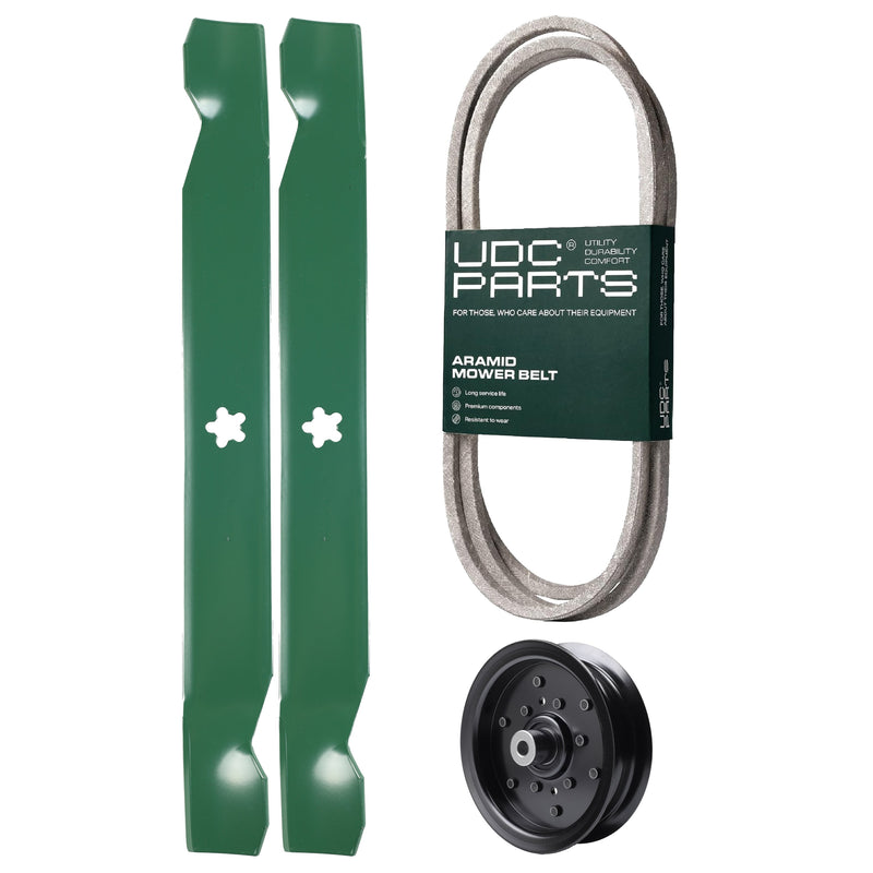  UDC Parts Mower Kit / Belt 197253 + Pulley 532196106 + 2 Pack Blades 138971 / Fits Husqvarna LTH171 YT16542 YT16542T YT1942 YT1942T YTA18542 YTA19K42