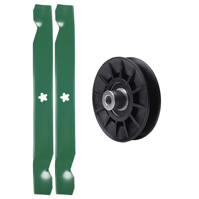  UDC Parts Mower Kit / Pulley 532194326 + 2 Pack Blades 138971 / Fits Poulan C20H42YT PO175A42LT XT195H42LT