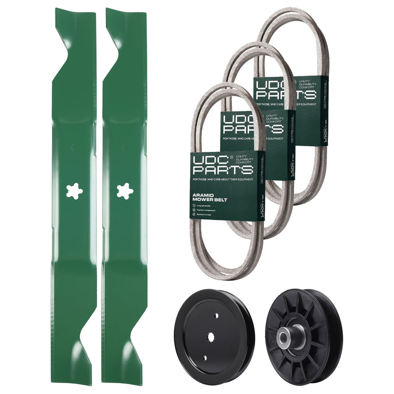 Wholesale Lawn Mower Parts -  UDC Parts Mower Kit / Belt 130969 + Belt 140218 + Belt 405143 + Pulley 195945 + Pulley 532194326 + 2 Pack Blades 405380 / Fits Jonsered LT2223A2