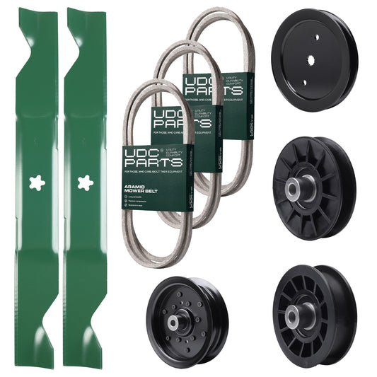 Bulk Lawn Mower Pulleys -  UDC Parts Mower Kit / Belt 130969 + Belt 140218 + Belt 405143 + Pulley 195945 + Pulley 532194326 + Pulley 532196106 + Pulley 532194327 + 2 Pack Blades 405380 / Fits Poulan Pro PB22H46YT