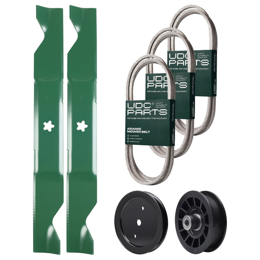Wholesale Lawn Mower Parts -  UDC Parts Mower Kit / Belt 130969 + Belt 140218 + Belt 405143 + Pulley 195945 + Pulley 532194327 + 2 Pack Blades 405380 / Fits Poulan Pro PB22H46YT