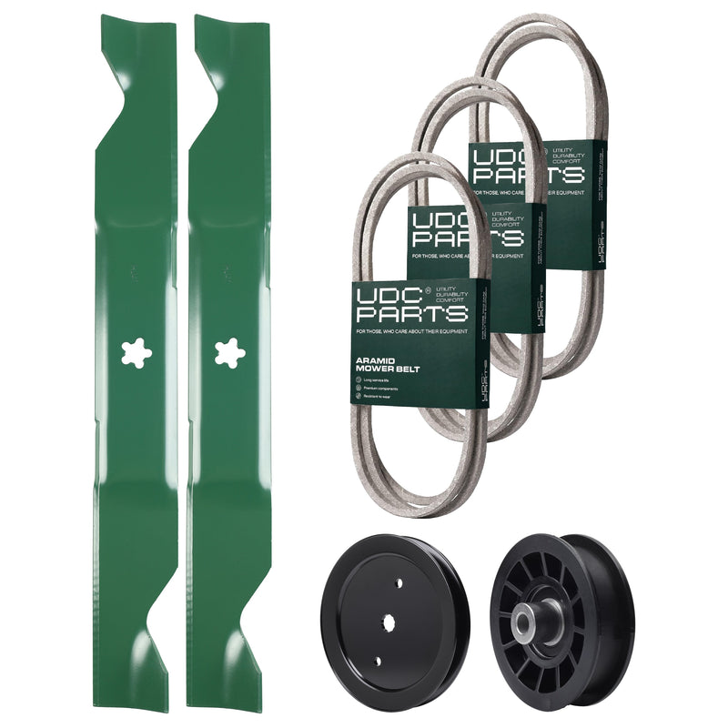 Wholesale Lawn Mower Parts -  UDC Parts Mower Kit / Belt 130969 + Belt 140218 + Belt 405143 + Pulley 195945 + Pulley 532194327 + 2 Pack Blades 405380 / Fits Poulan Pro PB22H46YT