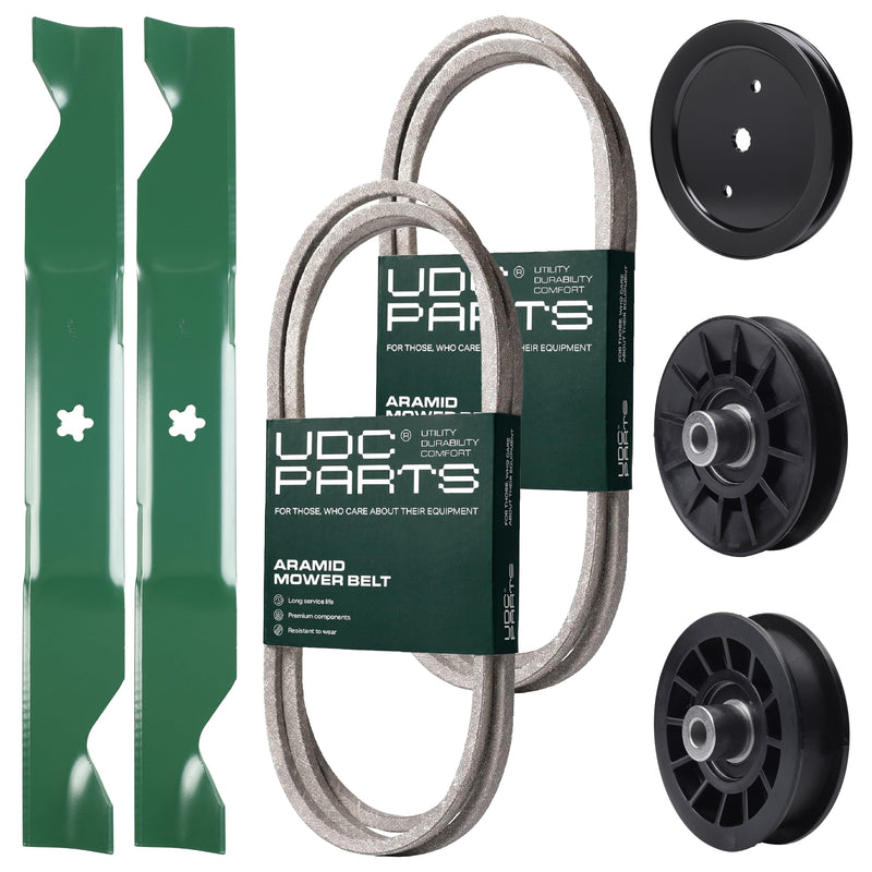 Wholesale Lawn Mower Parts -  UDC Parts Mower Kit / Belt 197253 + Belt 405143 + Pulley 195945 + Pulley 532194326 + Pulley 532194327 + 2 Pack Blades 405380 / Fits Husqvarna YTA1946 YTA20V46 YTA22V46 YTH20K46