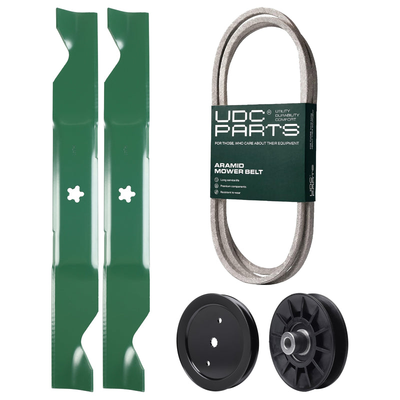  UDC Parts Mower Kit / Belt 197253 + Pulley 195945 + Pulley 532194326 + 2 Pack Blades 405380 / Fits Husqvarna YTA1946 YTA20V46 YTA22V46 YTH20K46