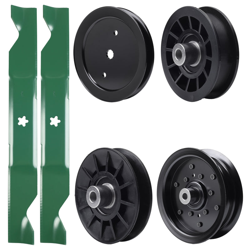  UDC Parts Mower Kit / Pulley 195945 + Pulley 532194326 + Pulley 532196106 + Pulley 532194327 + 2 Pack Blades 405380 / Fits Poulan Pro PB185A46LT PB18VA46 PB19546LT PB20A46 PB20A46YT PB20H46LT