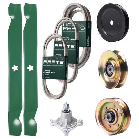 Bulk Lawn Mower Pulleys -  UDC Parts Mower Kit / Belt 144959 + Belt 174883 + Belt 539109243 + Pulley 127783 + Pulley 129861 + Pulley 173437 + Spindle 532174356 + 2 Pack Blades 138971 / Fits Husqvarna LTH1542