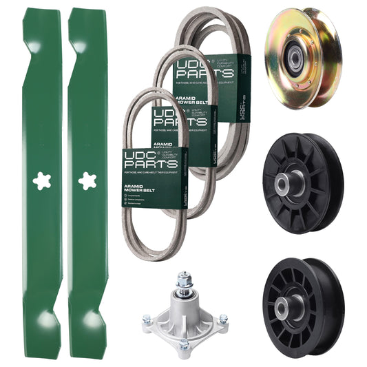 Bulk Lawn Mower Pulleys -  UDC Parts Mower Kit / Belt 138255 + Belt 194346 + Belt 539117245 + Pulley 127783 + Pulley 532194326 + Pulley 532194327 + Spindle 532174356 + 2 Pack Blades 138497 / Fits Husqvarna LT1597